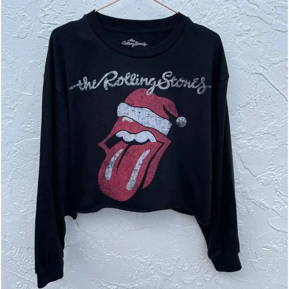 The Rolling Stones Womens Semi Crop Christmas Santa Sweatshirt Black Sz Large - Picture 1 of 8